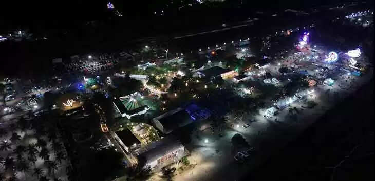 Bekal Beach Park with lights and CCTV cameras in the night.