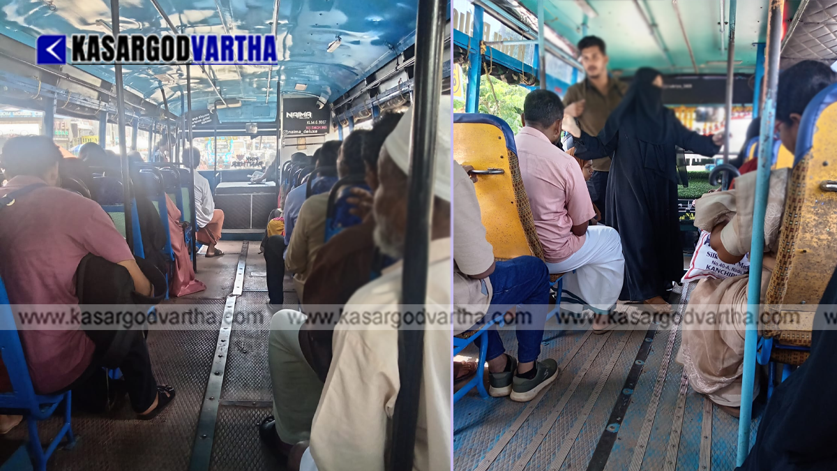 Passengers waiting for or travelling in a private bus in Kasaragod.