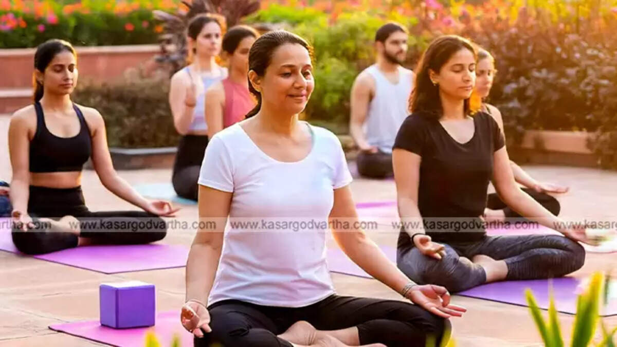 Group of people practicing yoga outdoors during International Yoga Day.