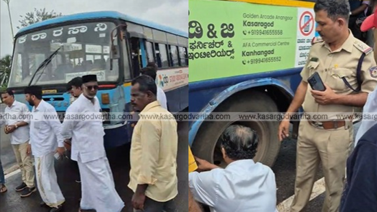 Public blocking a KSRTC bus in Talapady after a fatal accident.