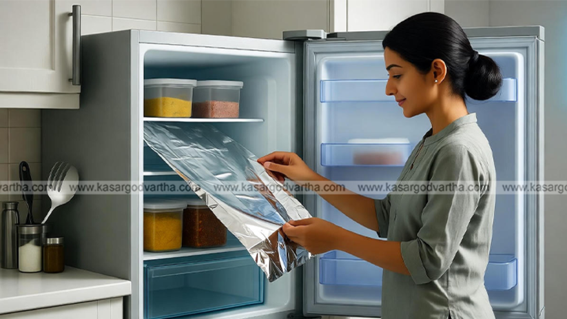 Aluminium foil lining a freezer shelf.