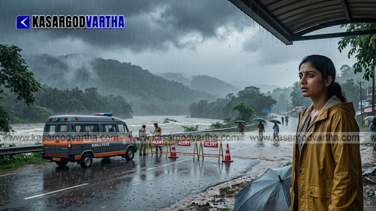 Conceptual image showing heavy rain and an orange alert warning map in Kerala.