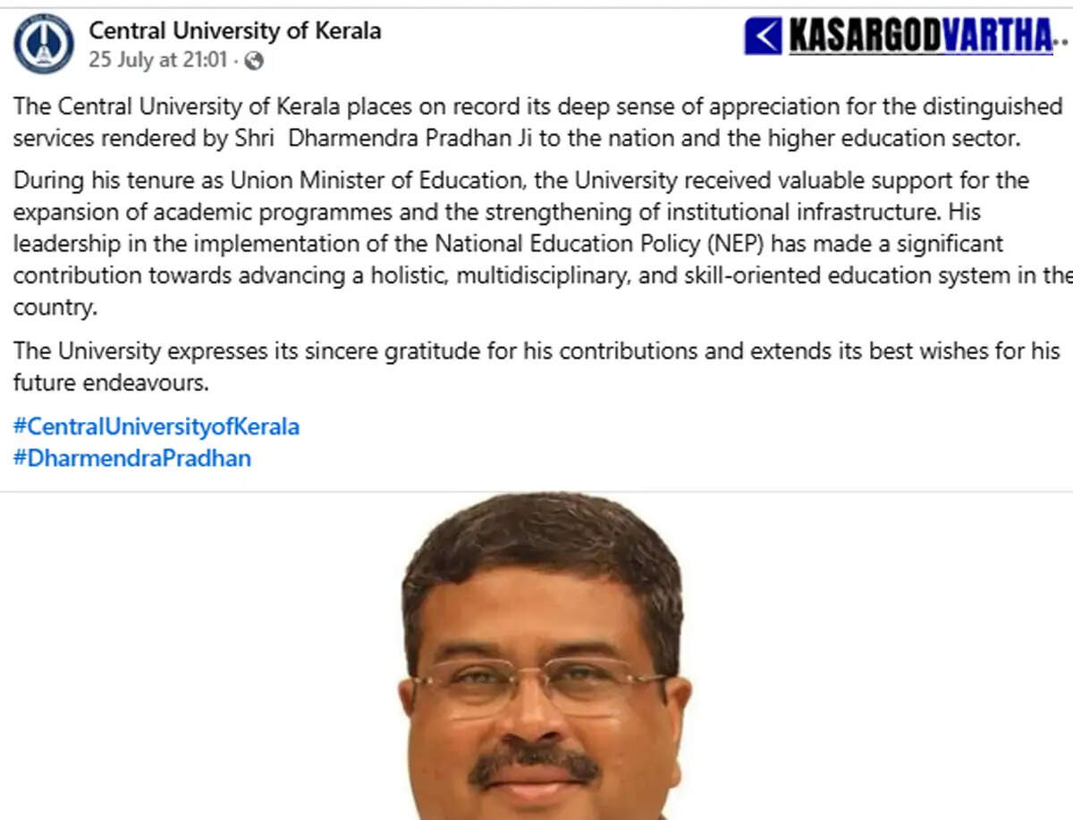 Central University of Kasaragod praises resigned former minister Dharmendra Pradhan; draws student protests on social media