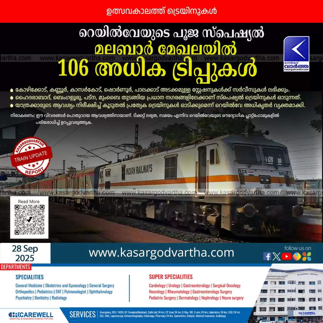 railway announces 106 special trips malabar festival season