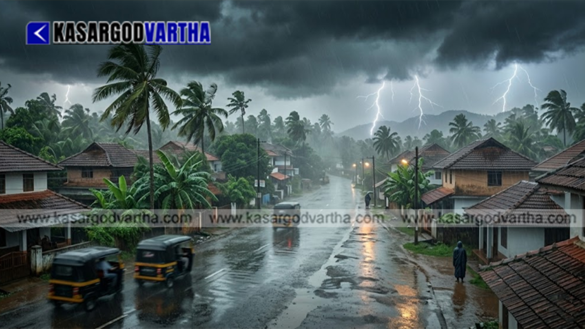 Dark storm clouds hovering over a rural landscape in Kerala with visible lightning streaks indicating a severe thunderstorm.