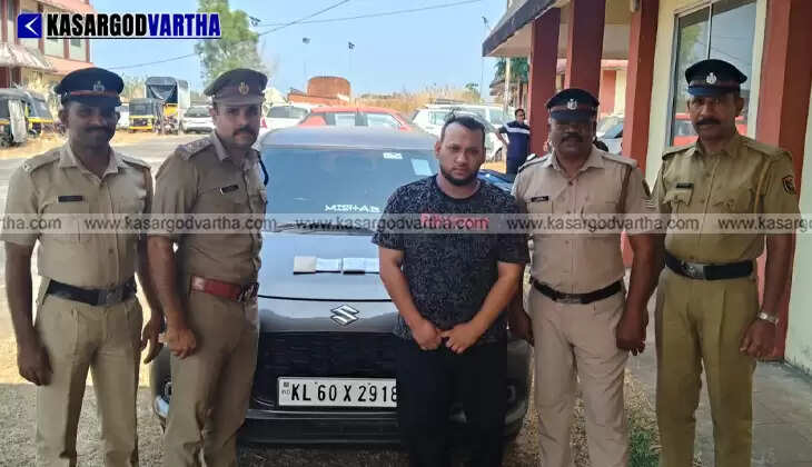 Seized MDMA and a Swift car at the Nileshwaram Excise Range office in Kasaragod.
