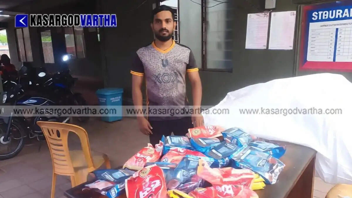 Nileshwaram police arrest youth with 500 packets of banned tobacco products under Operation Toofan.