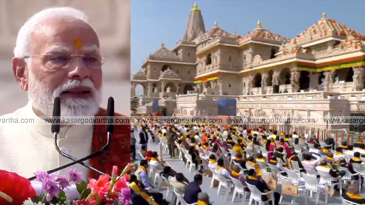 Prime Minister Narendra Modi hoisting the Dharma Dhwajam on the Ram Temple Shikara.