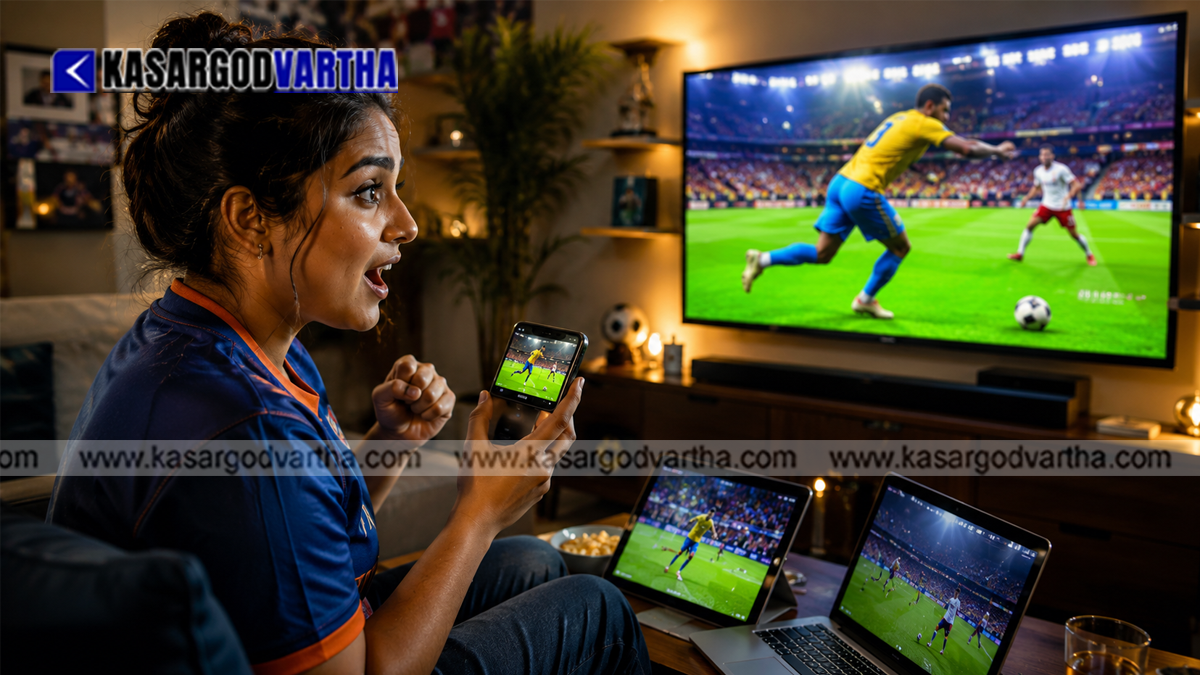 Fans watching FIFA World Cup live streaming on a mobile phone and TV.