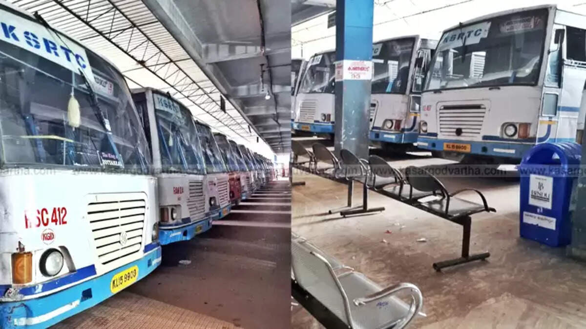  KSRTC buses parked at a depot in Kerala during a strike.