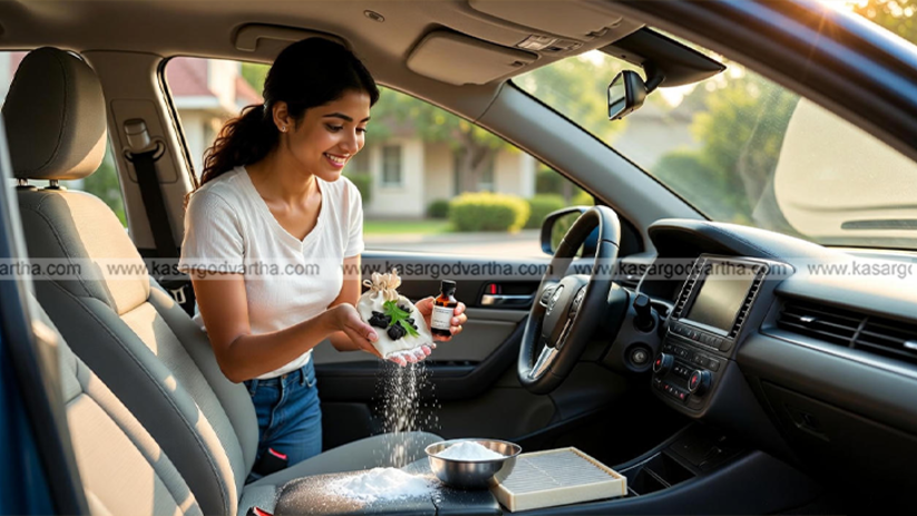 Hand sprinkling baking soda on car seat.