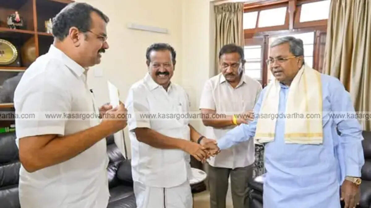 Karnataka Chief Minister Siddaramaiah meeting with Tamil Nadu Minister K Ponmudi and MP MM Abdullah in Bengaluru.