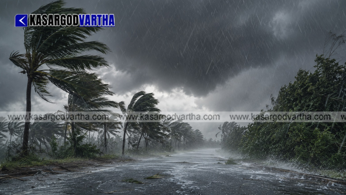  Conceptual image showing extreme heavy rain and a red alert warning map in Kerala.