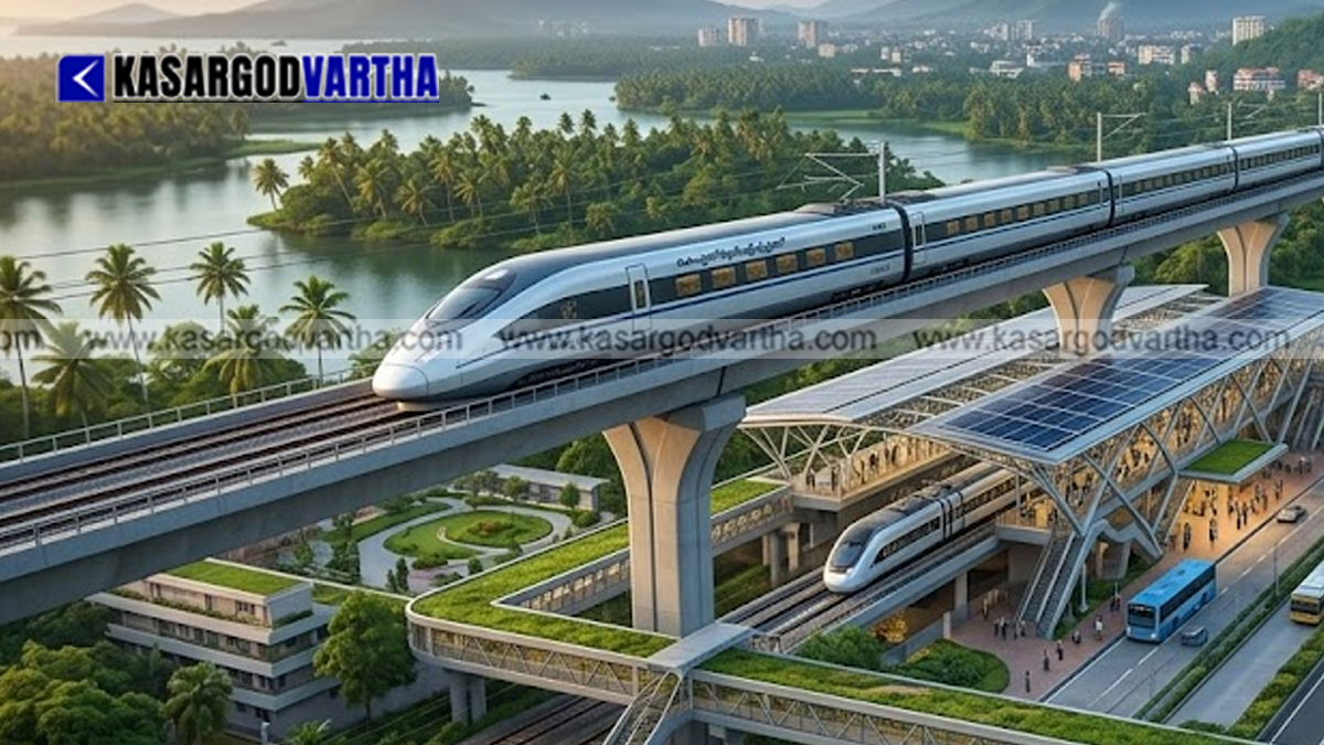 Conceptual visualization of elevated high-speed railway tracks in Kerala.