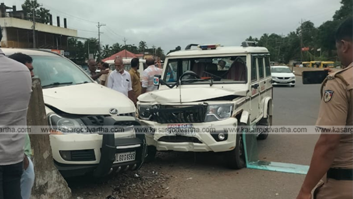 Damaged police jeep at the site of a road accident in Padannakkad, Kasaragod.