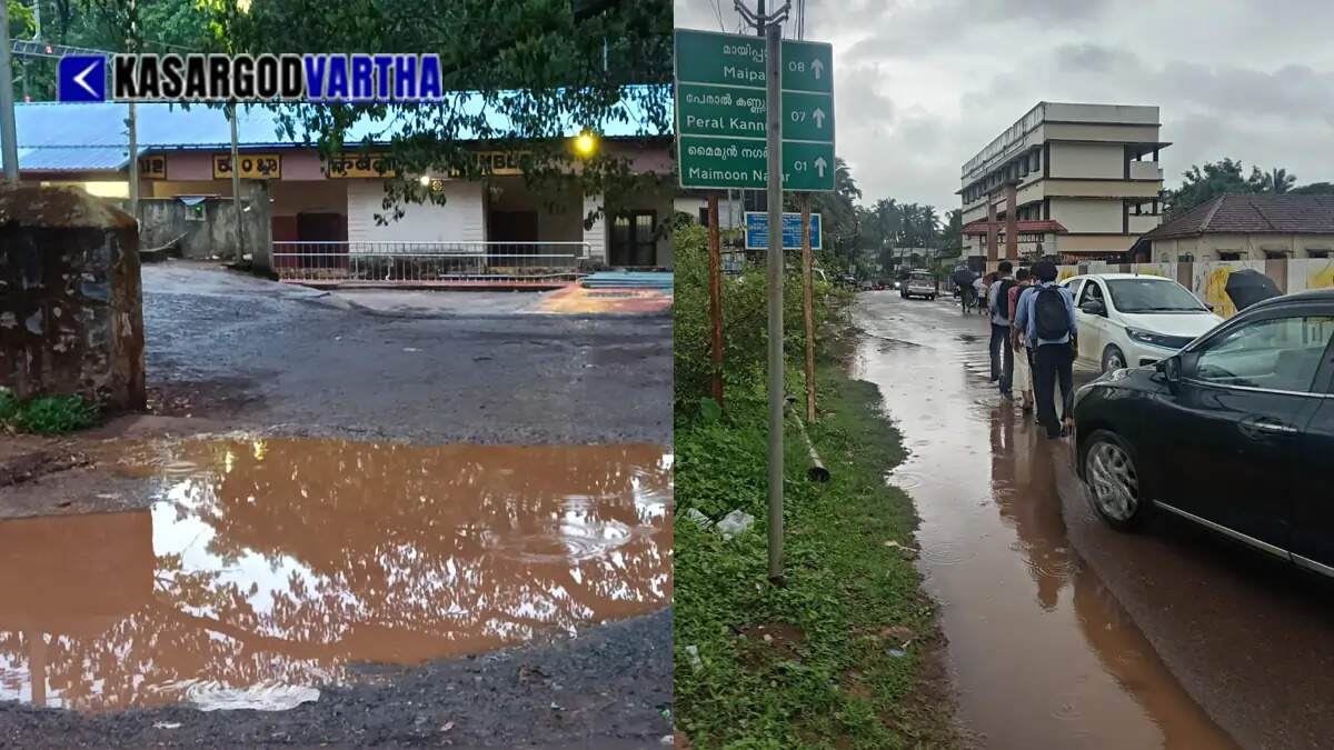  Heavy waterlogging on a main road in Kasaragod disrupting traffic during the monsoon season