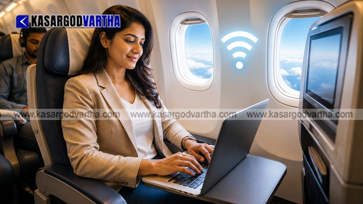 Passenger using laptop and smartphone with Wi-Fi in an airplane.