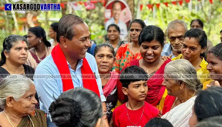 LDF candidate Adv. Govindan Pallikkappil receiving a grand welcome in Kanhangad constituency in March 2026.