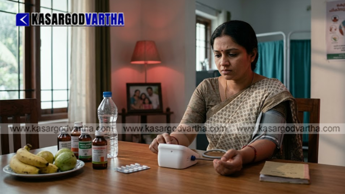 A healthcare professional checking a middle-aged patient's blood pressure using a digital monitor in a clinic.