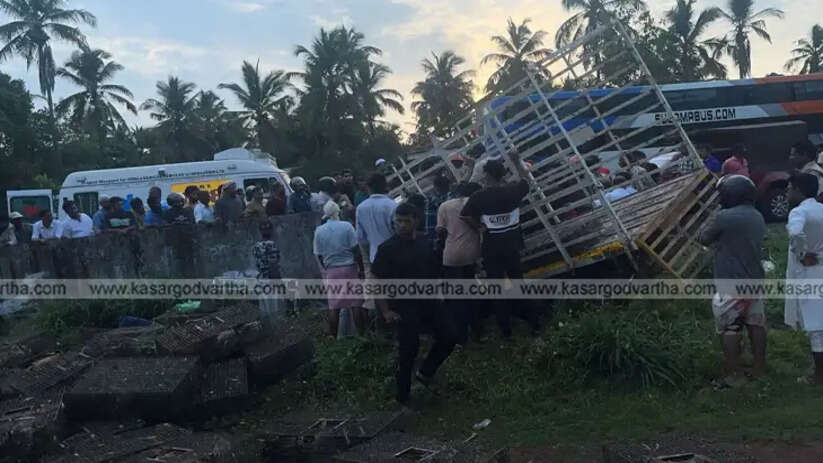 Poultry truck accident scene in Poochakad, Kerala