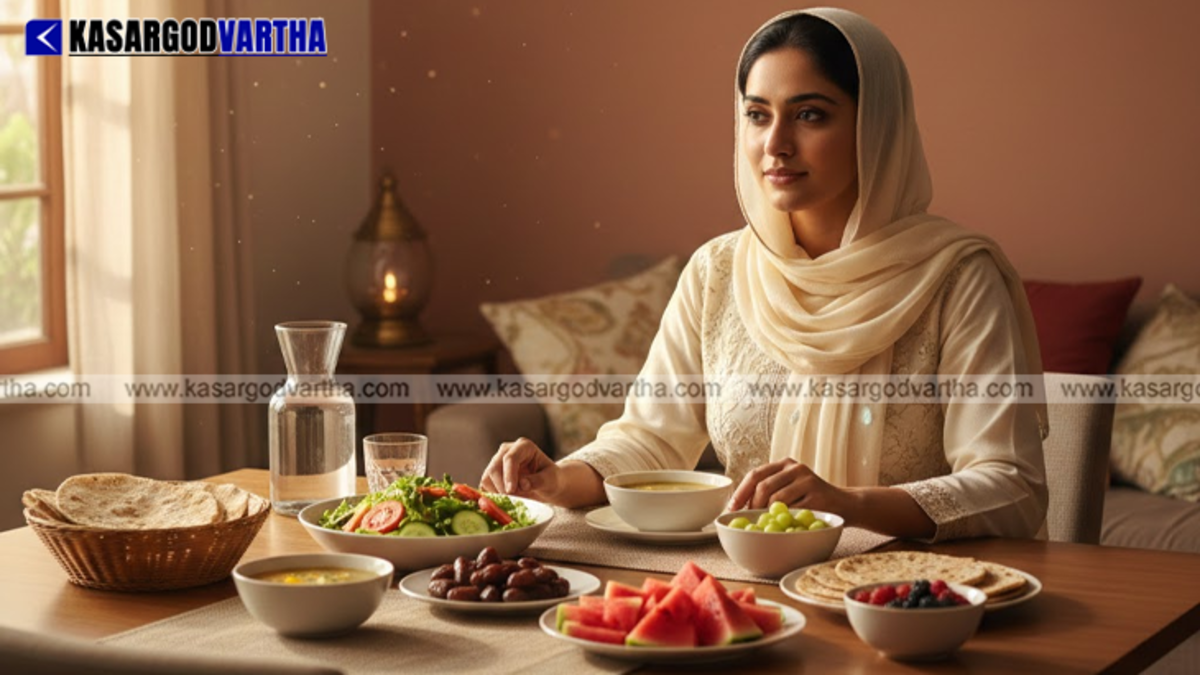 A nutritious Iftar meal with dates, water, and fresh fruits.