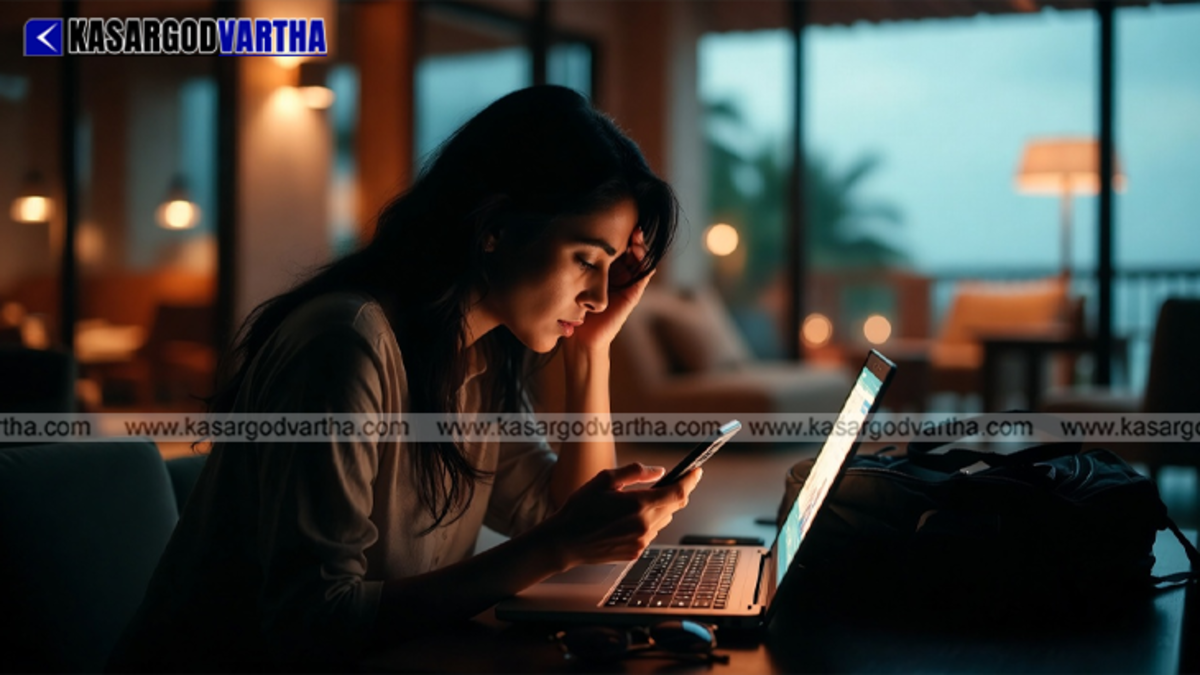 A conceptual image showing a fake hotel booking website on a laptop screen with a scam alert.