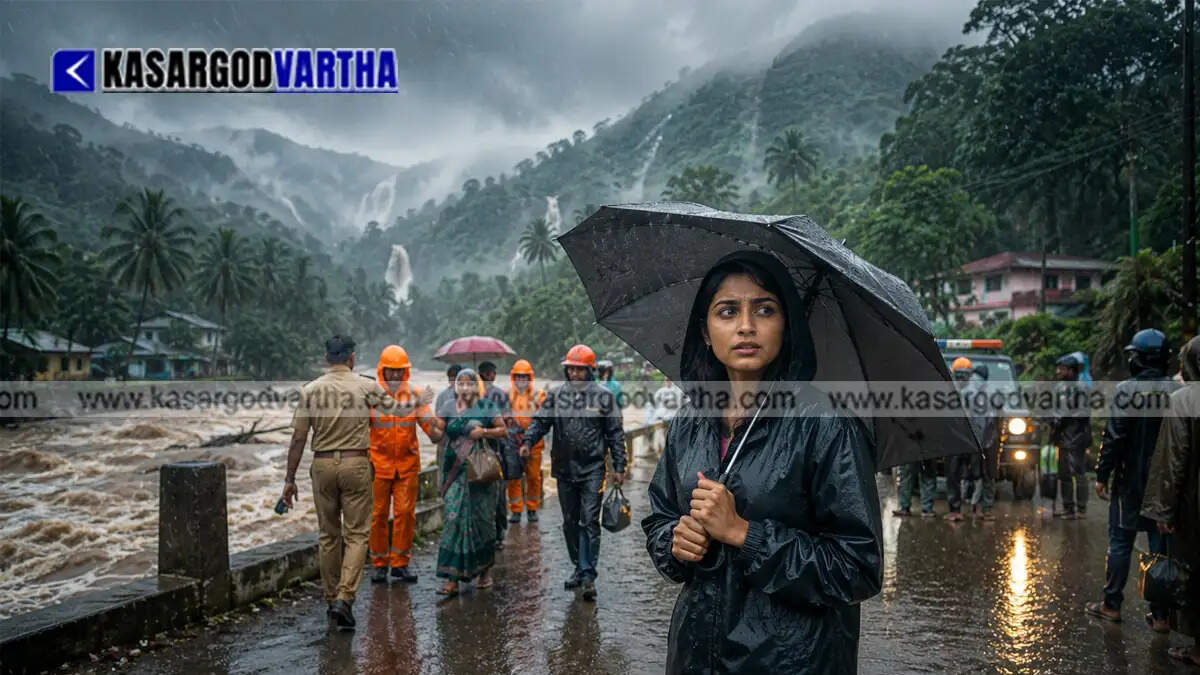 Heavy monsoon rain in Kerala with weather alert warning.