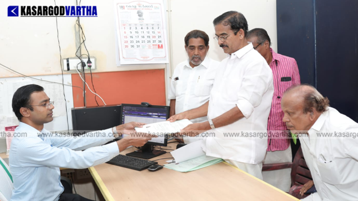 LDF candidate C.H. Kunhambu submitting nomination papers to the returning officer for Uduma constituency.