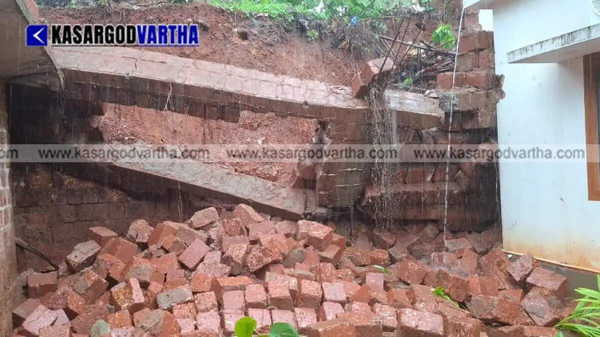 Boundary wall collapses onto house in Uppala Kaikamba due to heavy rain; major tragedy averted.