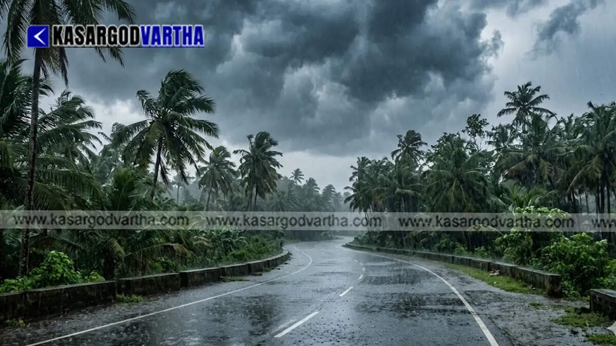 Heavy monsoon rain pouring down over streets and lush green landscapes in Kerala