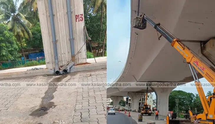 Rainwater falling from the elevated National Highway bridge at Kasargod.