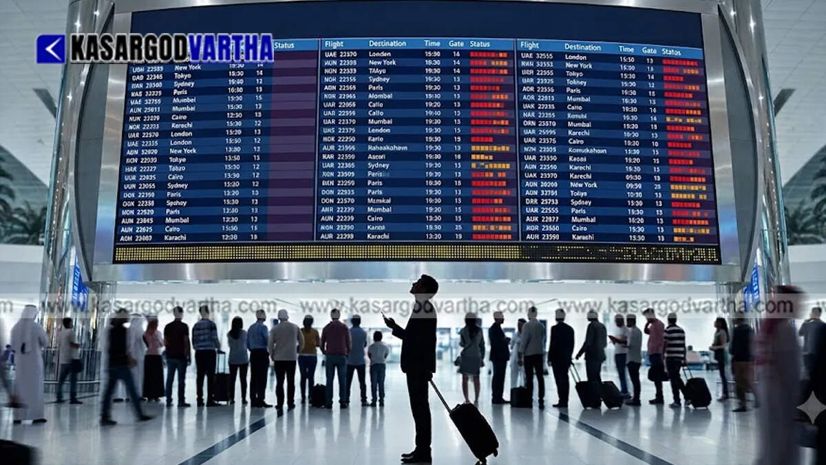 Conceptual image showing a flight information board displaying cancelled status at a UAE airport