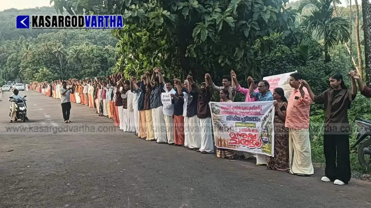  Image reflecting thousands of people forming a human chain to protect Tejaswini river