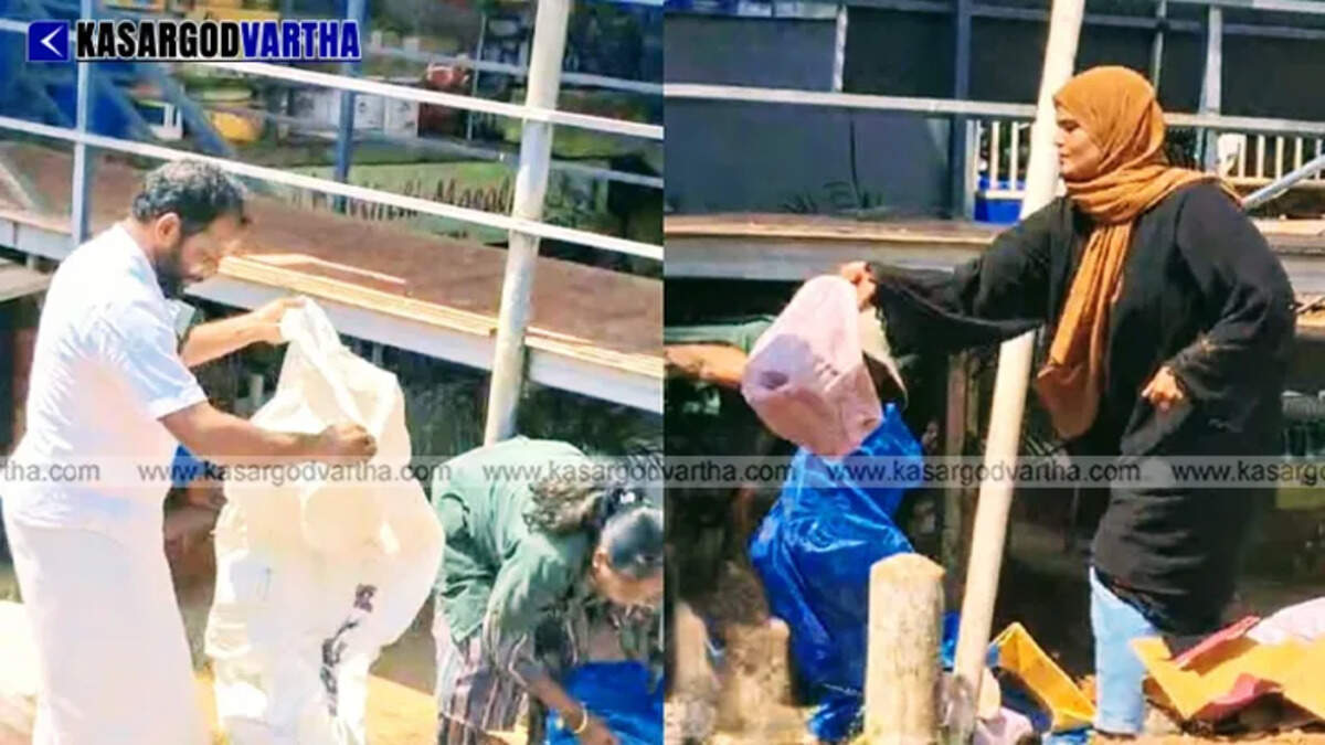 Kumbla Panchayat Vice President and Member participating in cleaning activities in the town.