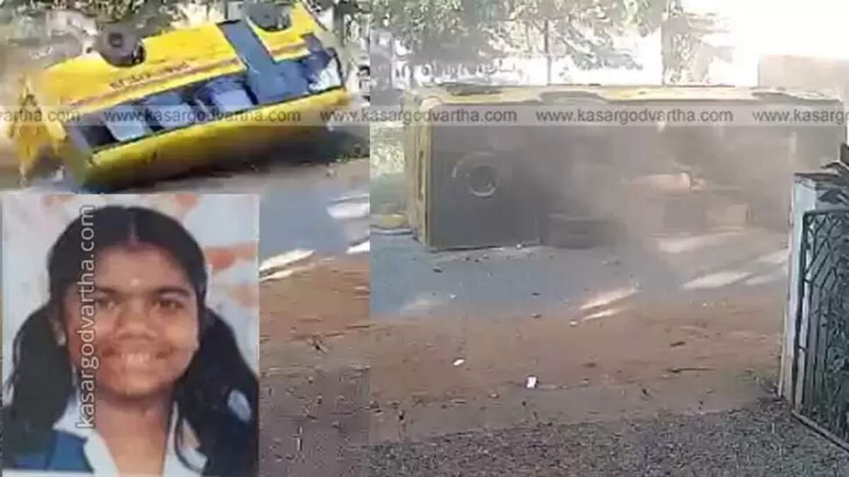 Image of deceased child Nedya and the damaged school bus after the accident in Valakkai, Kannur.