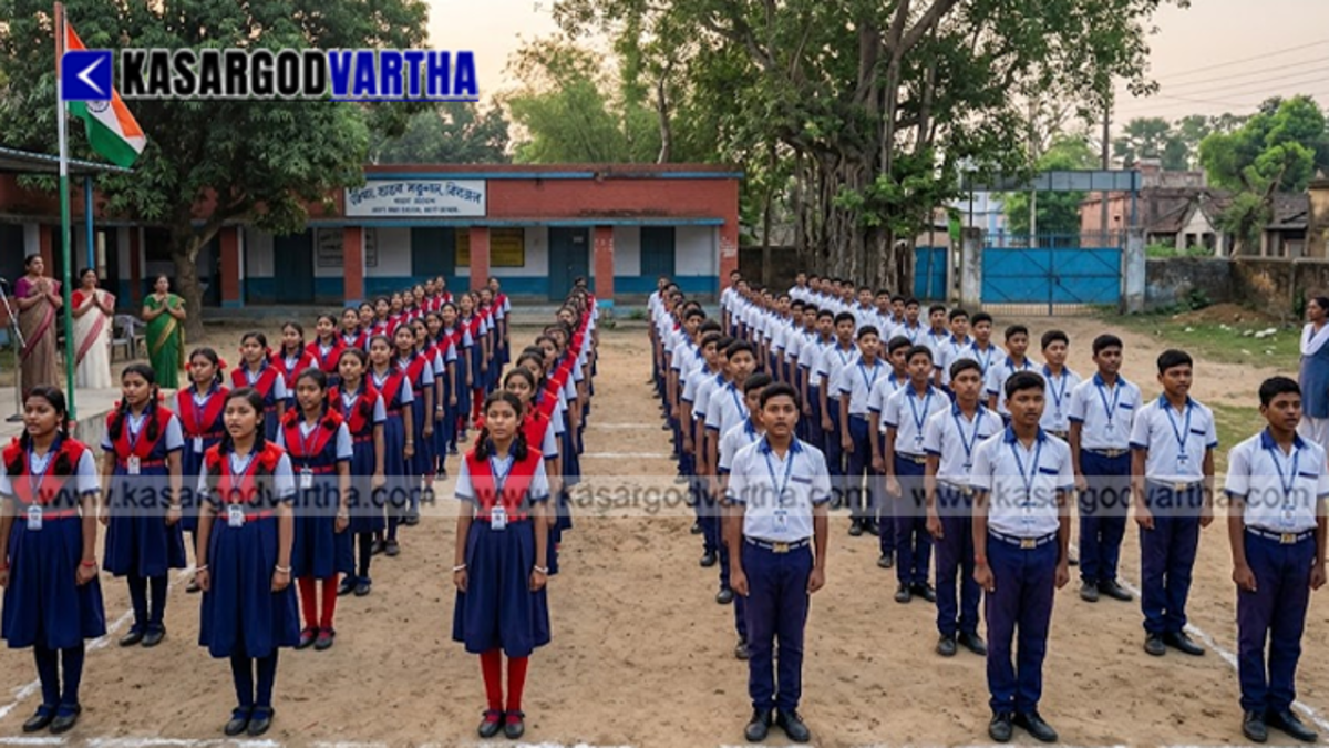 A disciplined row of school students dressed in uniforms standing together during a morning prayer assembly in West Bengal.