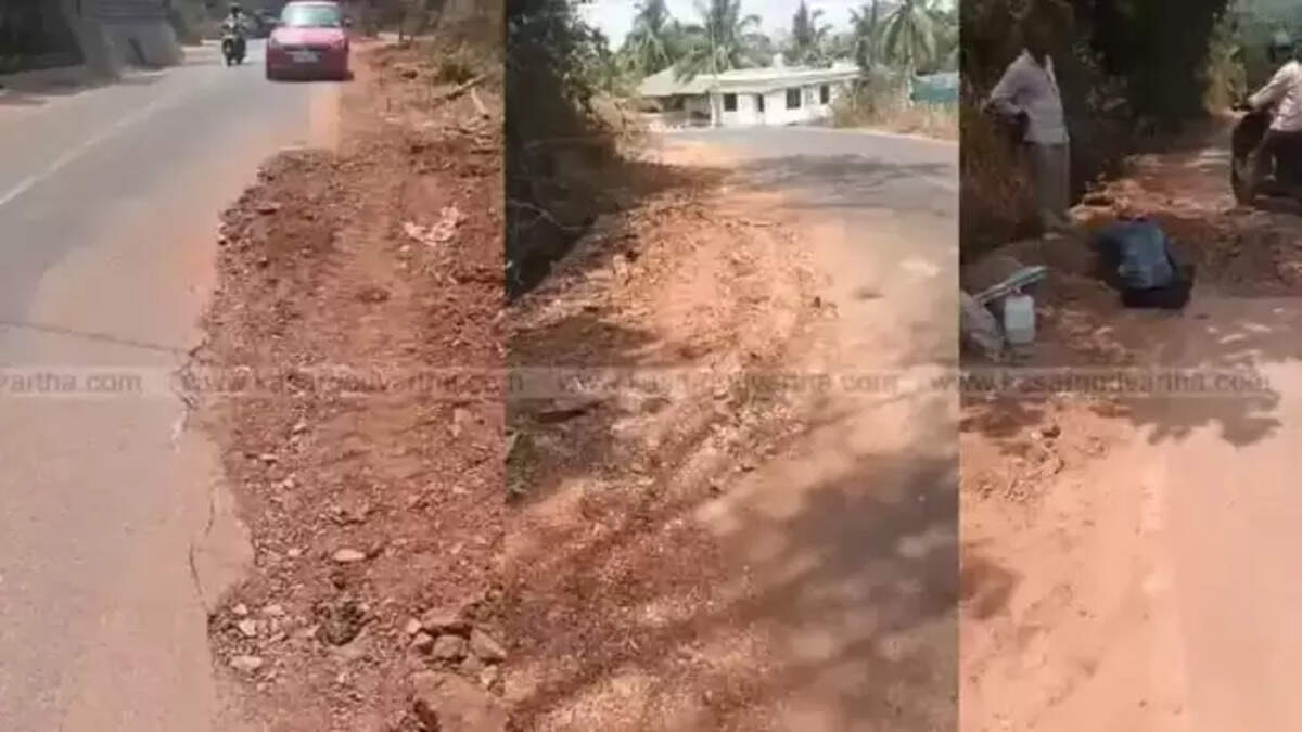 Image of a damaged road in Kasaragod.