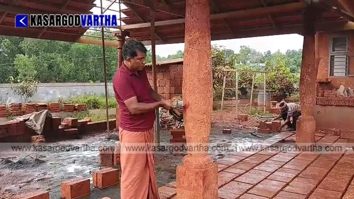 T.V. Prakasan working on a laterite stone pillar