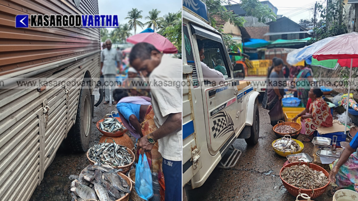 Crowded market road in Kasaragod with fish vendors.