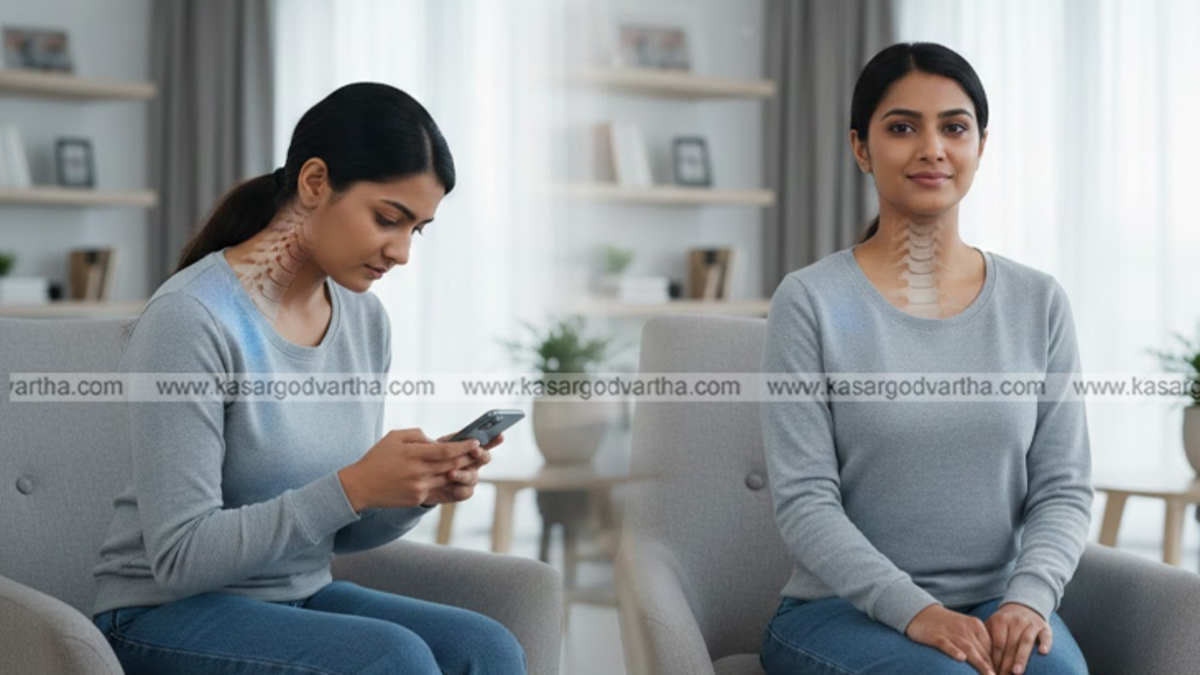 Man showing tech neck posture while using mobile phone