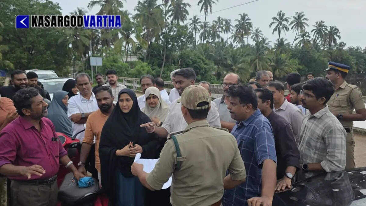 Conceptual image of a District Collector and officials inspecting a bridge construction site