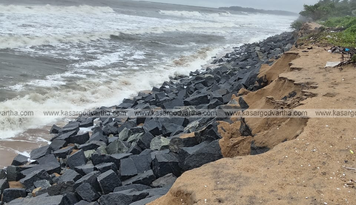 Damaged sea wall and coastal erosion in Kasaragod after heavy sea attack.