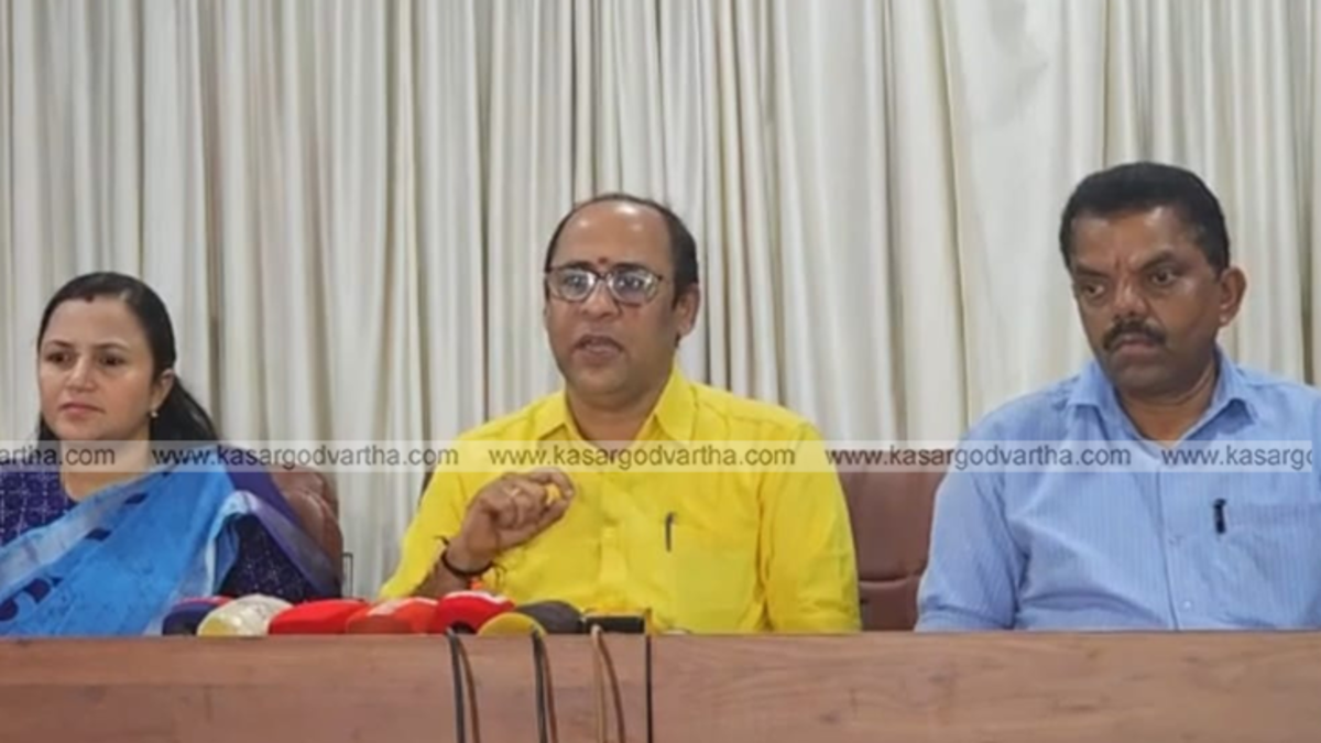BJP leader K Sreekanth speaks at a press conference regarding the Dharmasthala temple defamation case.