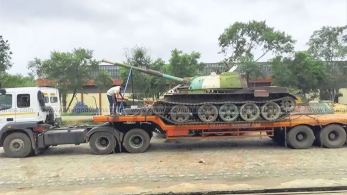 The T-55 war tank on a trailer upon its arrival in Mangaluru.