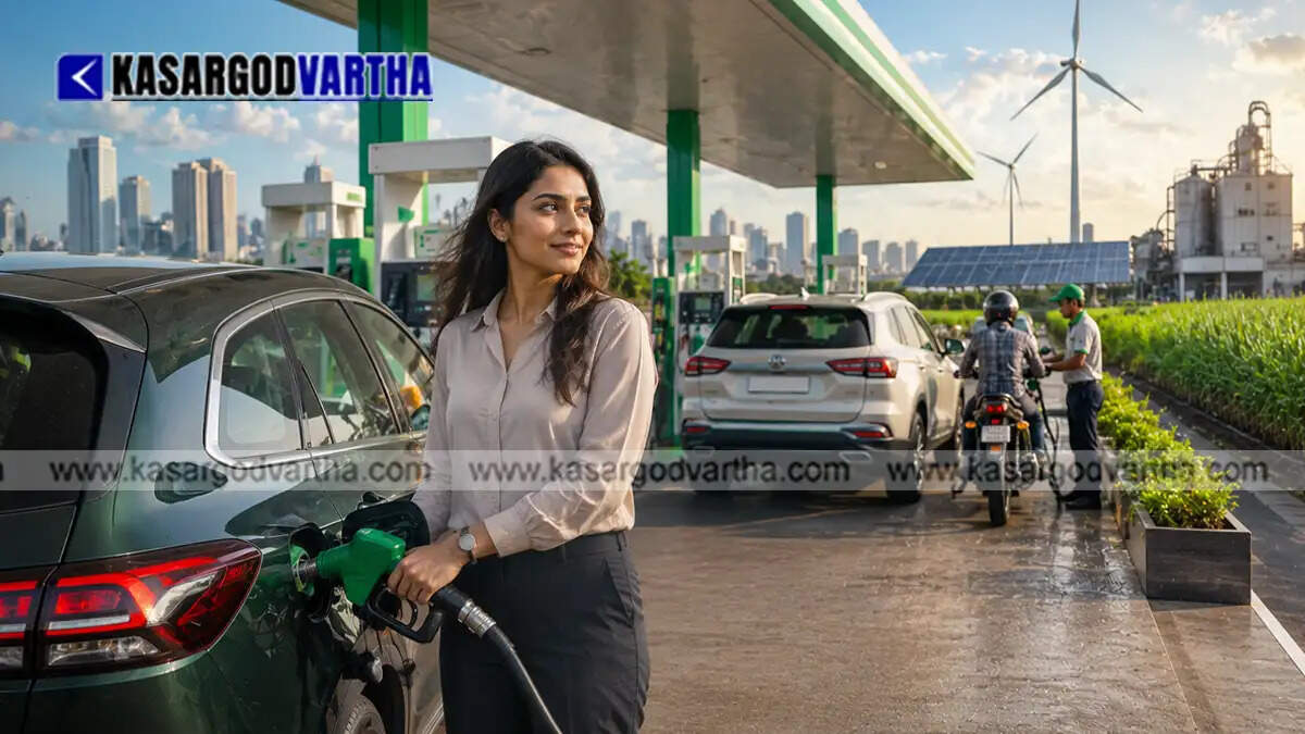 Conceptual image showing an E85 green fuel pump nozzle at a petrol station.