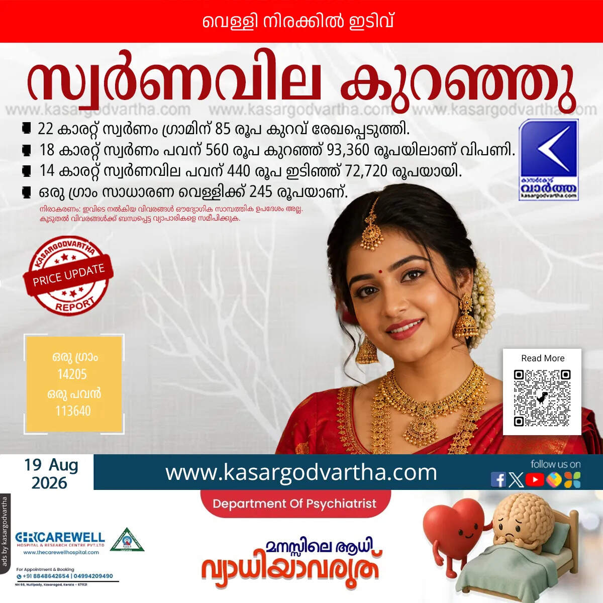 gold price decreased kerala august 19 2026