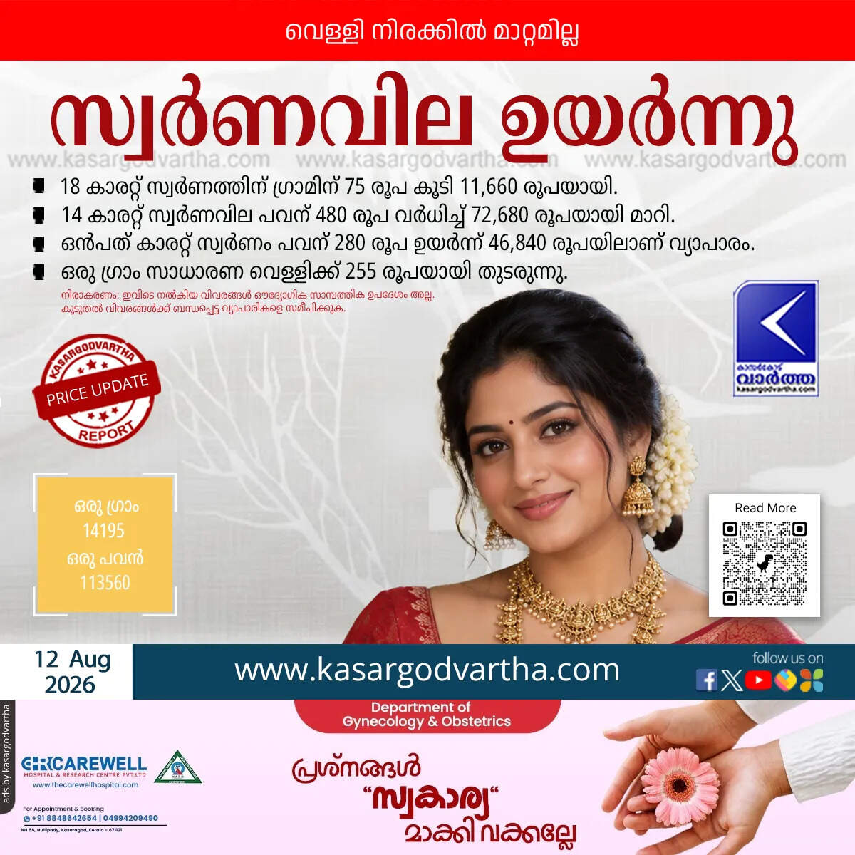 gold price rises kerala august 12 2026