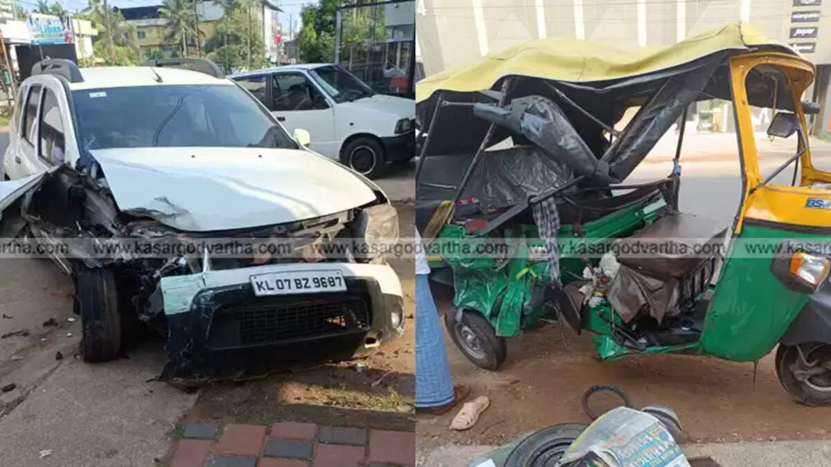Damaged auto-rickshaw after a collision with a car in Kanhangad, Kerala.