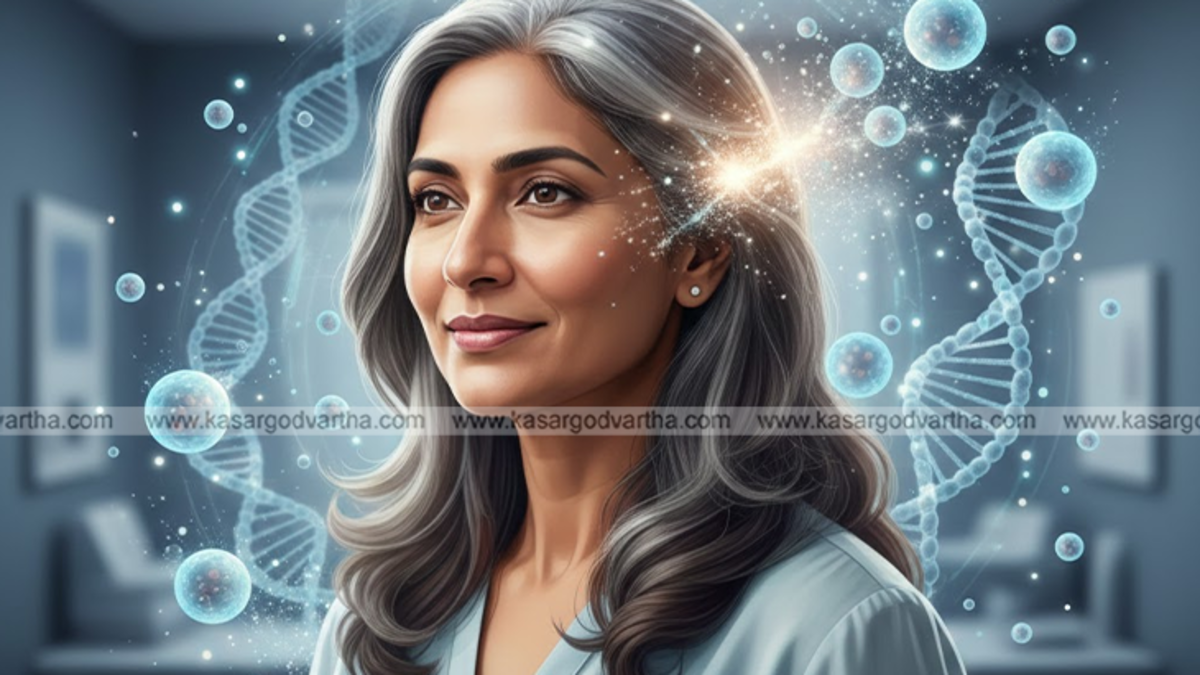 Close up of grey hair strands and scientific diagram of cells