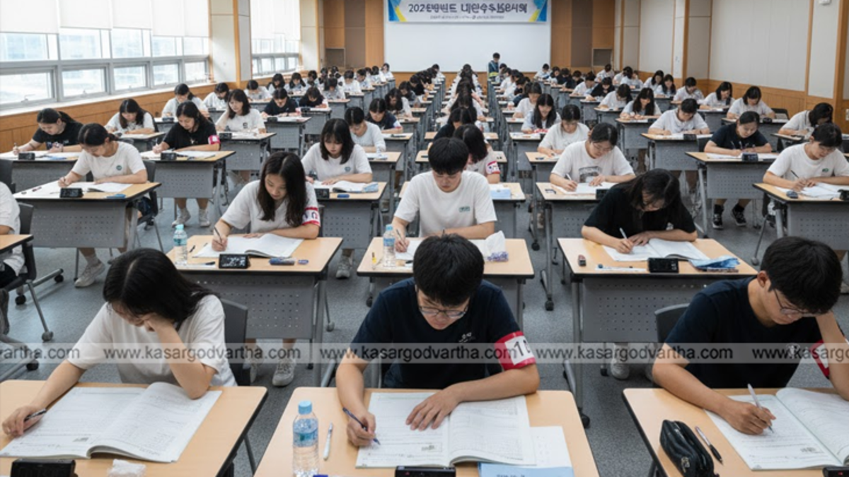  Students taking the Suneung exam in a quiet examination hall.
